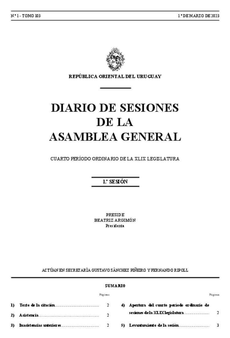 DIARIO DE SESIONES DE LA ASAMBLEA GENERAL del 01/03/2023